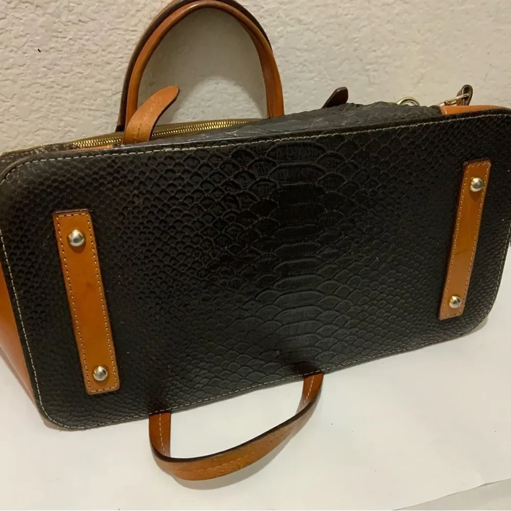 Dooney & Bourke Black Brown  Leather Python Exotic Satchel Buckle Handbag